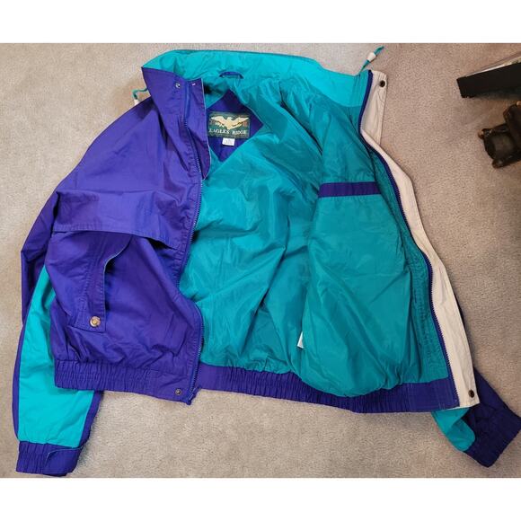VTG 90s Eagles Ridge Blue Teal Color Block Windbreaker Retractable Hood Size M - Picture 9 of 9
